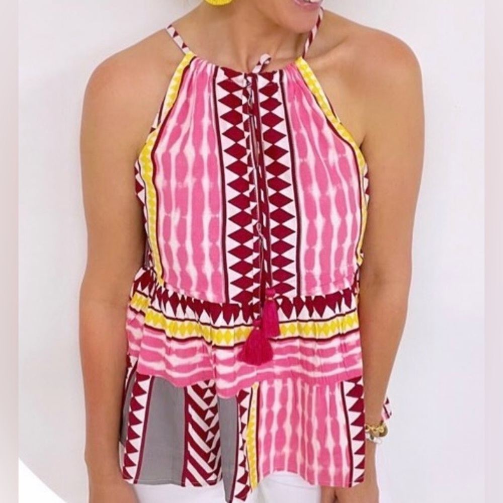 THML Pink Patterned Halter Top with Yellow Trim